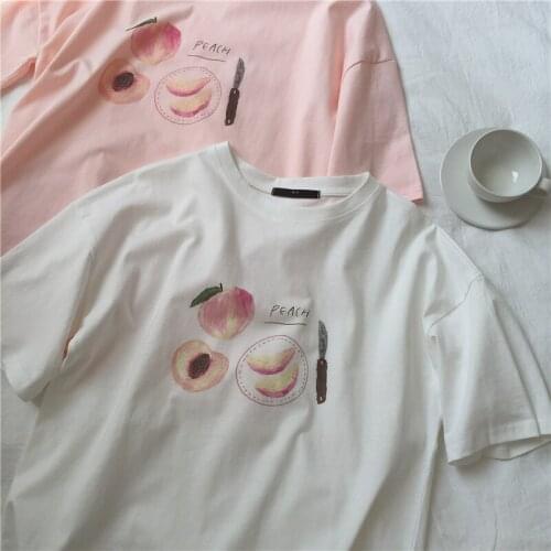 HELIAR White Tees Peach Printed Women Printed Women Over Size Half Sleeve T-Shirt Women O-Neck Women Summer Cotton Tees
