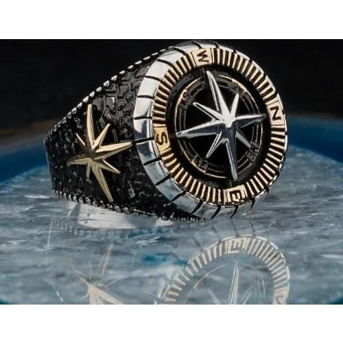 925 Sterling Silver Compass Design Men Ring Rectangular with Tiger Eye Stone Pattern Vintage Gift Jewelry Fasion Agate Zircon