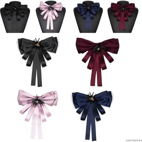 Korean Women Student Ribbon Neck Bow Tie with Brooch Pin Faux Crystal Rhinestone Jabot Collar Jewelry Gift for Wedding