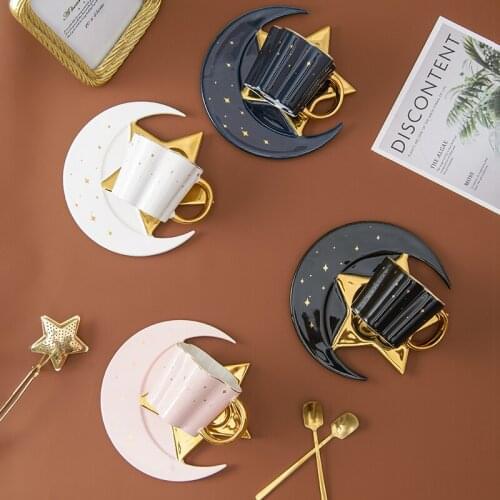 Creative Ceramic Star Moon Coffee Cup And Saucer With Spoon Golden Handle Mug Afternoon Tea Cup Juice Water Drinks Cup Porcelain