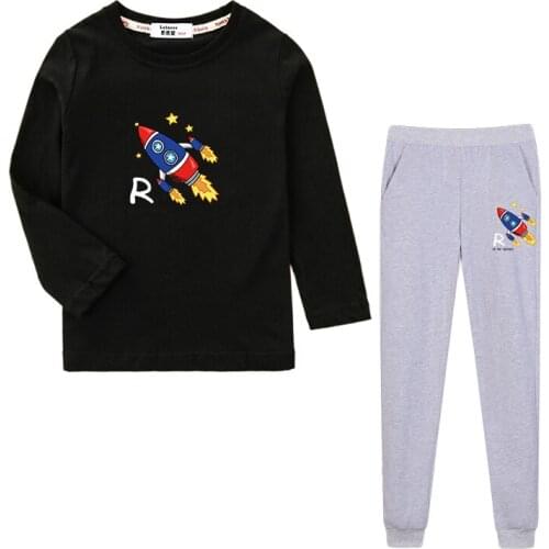 Lolocee kids cartoon tshirt pant 2pcs sets boys space rocket clothing cotton long sleeved tops boy costume sets