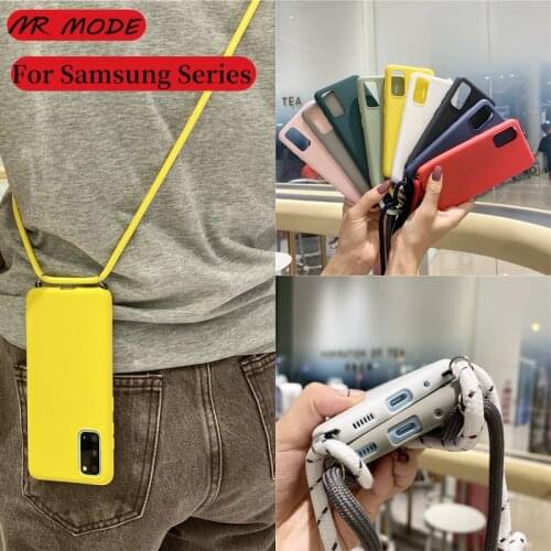 Soft Silicone Strap Necklace Candy Phone Cases For Samsung Galaxy S20 Ultra S10 Plus A51 A71 Note 20 Pro Cord Chain Rope Cover