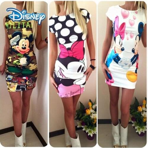 Disney Mickey Minnie Mouse Dress Women Fashion Print O-Neck Sleeveless Summer Mini Dresses Bodycon Slim Casual Pencil Vestidos