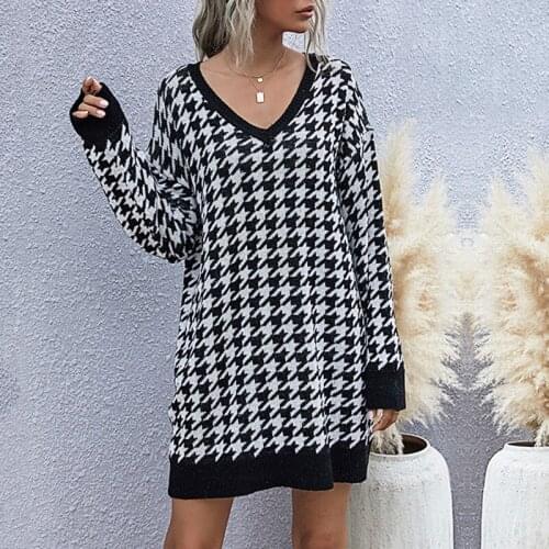 Casual Soft Knitted Sweater Dress Robe Women Houndstooth Mini Dress Sweater Jumper Autumn Winter Elegant Dresses Pullover Jumper