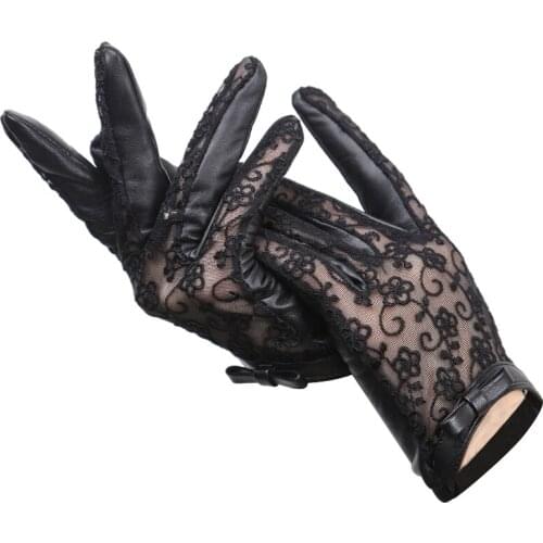 Sexy Fashion Womens Leather Gloves Spring and Autumn Thin Sheepskin Black Lace Gloves Bow Womens Gloves