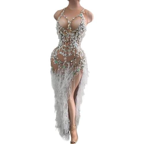 Pearl Tassel Mesh Dress Women Singer Prom Birthday Celebration High Split Long Dresssexy costumes Crystal Perspective Dresses
