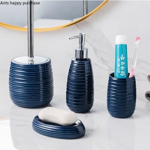 Blue Ceramic Bathroom Kit Wash Set Mouth Cup Lotion Bottle Soap Dish Toilet Brush Bathroom 4-piece Set Decoration Accessories