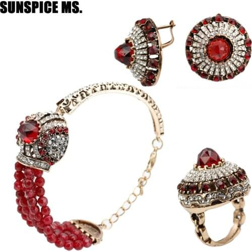 Exquisite Natural Stones Wedding Jewelry Sets Full Crystal Hook Earring Retro Vintage Rings Beads Charm Cuff Bracelet 2018 New