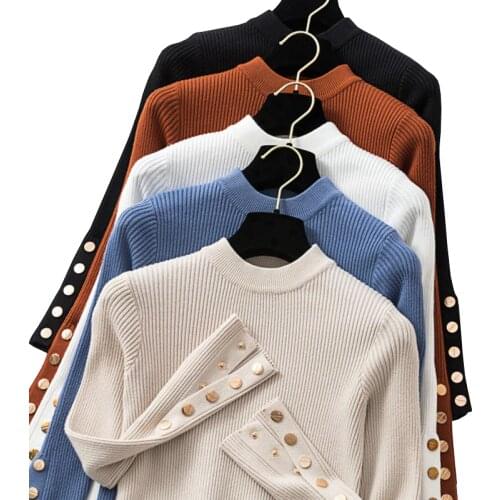 Gkfnmt Long Sleeve Button O-Neck Chic Sweater Female Slim Knit Top Soft Jumpe Casual Autumn Winter Women Thick Sweater Pullovers