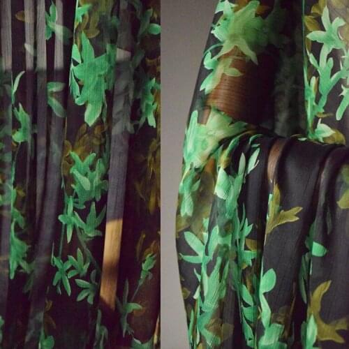 High grade Tencel crepe chiffon fabric Green flowers on a black background tissu dress sunscreen shirt silk scarf patchwork