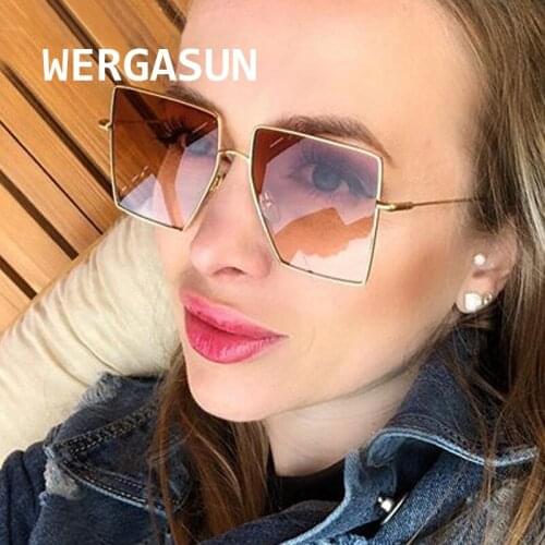 WERGASUN Square Sunglasses Women Brand Designer Retro Metal Big Frame Sun Glasses For Men Vintage Gradient Oculos Feminino