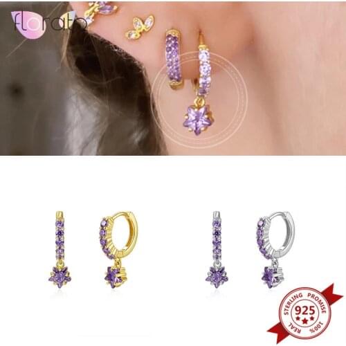 Romantic Purple Crystal Hoop Earrings for Women 925 Sterling Silver Star Drop Huggie Earrings Charm CZ Pendant Earring Jewelry