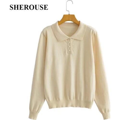 SHEROUSE Fashion Women Knit Sweater Top Casual Long sleeves Rose buttons Lapel Collar Knitted Shirt Pullover Tops Woman