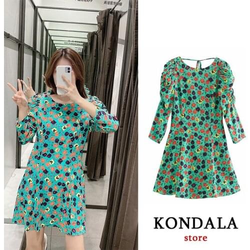 KONDALA 2020 women flowers print green backless bow puff long sleeve slim fit ladies vintage mini ZA dress vestidos Mujer