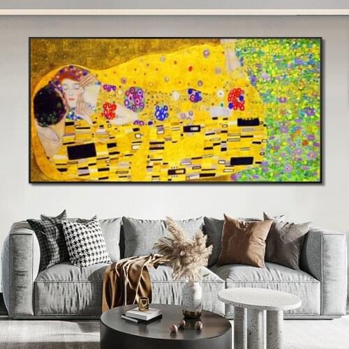 Famous Paintings Gustav Klimts Kiss Posters and Prints Canvas Painting Wall Art Picture for Living Room Home Cuadros Decoration