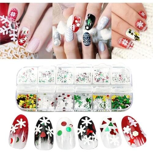 12 Grids Charm 3D Nail Flakes Snowflake Tree Shape Laser Sequins Holographic Nail Art Decorations Manicure DIY Tips