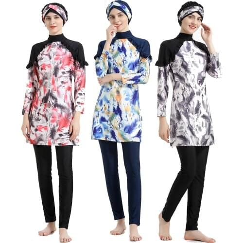 2021 Women Muslim Modest Swimsuit with Hijab Long Sleeve Floral Print Full Covered Islamic Swimwear Conservative Bathing Suit