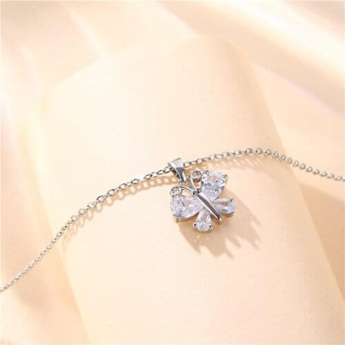 Boho Silver Color Clavicle Chain Necklace White Zircon Cute Butterfly Necklace Simple Fashion Animal Pendant Necklaces For Women