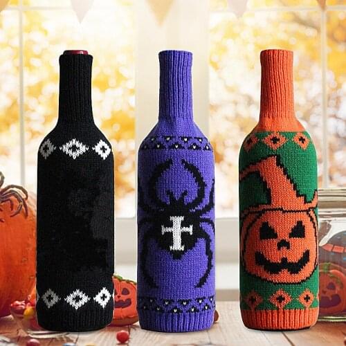 Halloween Wine Bottle Cover Skull Pumpkin Knitted Champagne Bottle Bag Table Decor Happy Halloween Party Decor For Home 2021