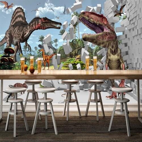 Dropship 3D Stereoscopic Pattern Dinosaur Broken Wall Large Wall Painting Cafe Rest Brick Wallpaper Living Room Decor Murales