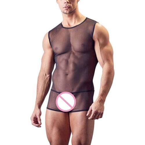 Erotic Men Underwear Transparent Mesh See Through Bodysuit Gay Fetish Lingerie Sheer Bodysuit Seamless Sleepwear Male Body Suit