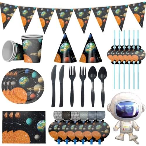 Space planet theme Disposable Tableware Set Paper Cups Plates Tablecloth Baby Shower Birthday Party Decorations Supplies