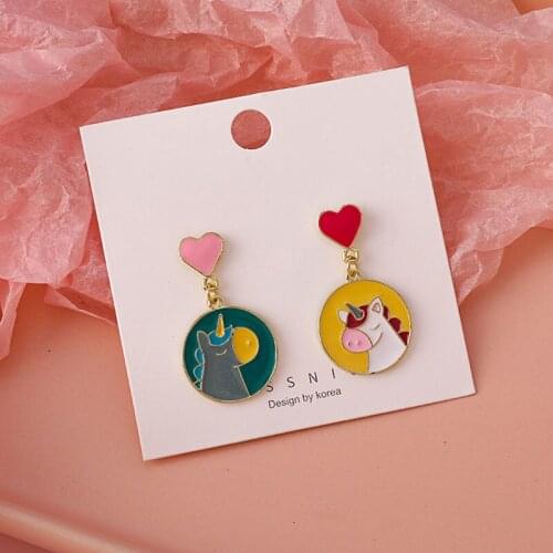 Round Fantasy Unicorn Oil Drop Earrings Metal Asymmetrical Drop Ear Jewelry Sweet Romantic Cute Girl Lady Accessories