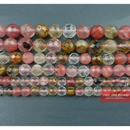 Natural stone Colorful Faceted Volcano Cherry Quartz Round loose Beads 16" strand, 4 6 8 10 12mm Pick size FVCQB01