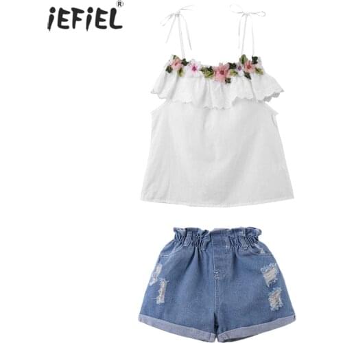 Summer Kids Girl Clothes Set Off Shoulder Embroidery Flowers Ruffle Tops+Ripped Denim Shorts 2Pcs Kids Set For 1-6Year Old Girls