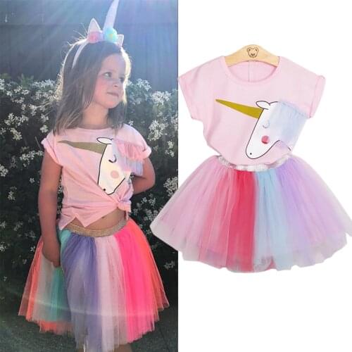 Summer Toddler Girls Clothes Children Clothing Kids Pink Unicorn Birthday Outfit T Shirt Princess Rainbow Tutu Dress Clothes Set