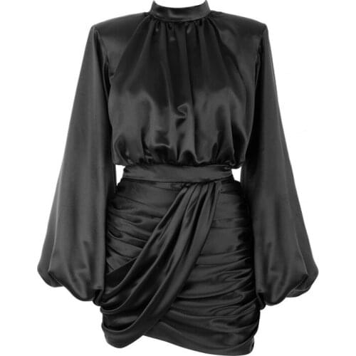 New design Lantern sleeve sexy long-sleeved irregular hip dress satin night club wear 2021 womens girls pleated party dress