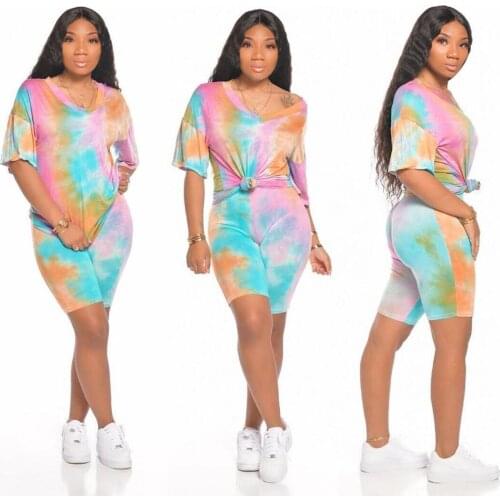 New Womens Sport Casual Suit Tie-dye Printed V-neck Short-sleeved T-shirt Two-piece Comfortable Suit Of five Minutes Pants