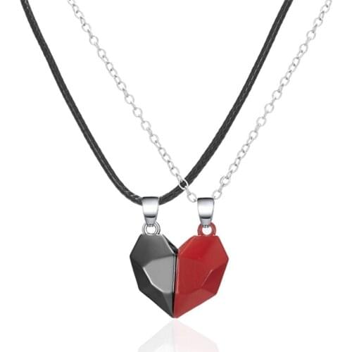 2Pcs Magnetic Couple Necklace Lovers Heart Pendant Distance Faceted Charm Necklace Women Valentines Day Gifts