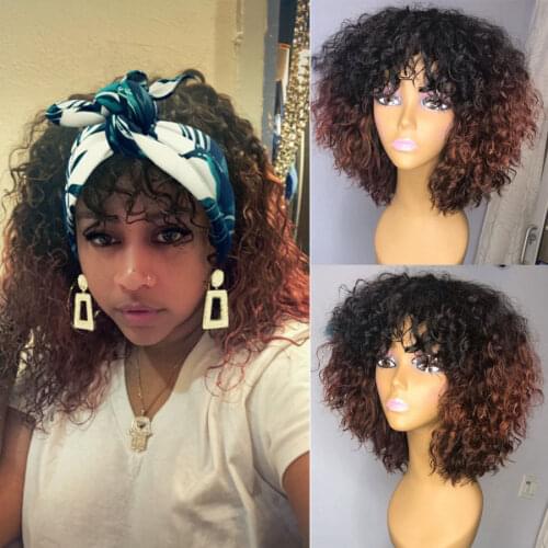 Shumeida Ombre Brown Human Hair Wigs for Women 180% Density Brazilian Remy Hair Curly Full Machine Wigs with Bangs