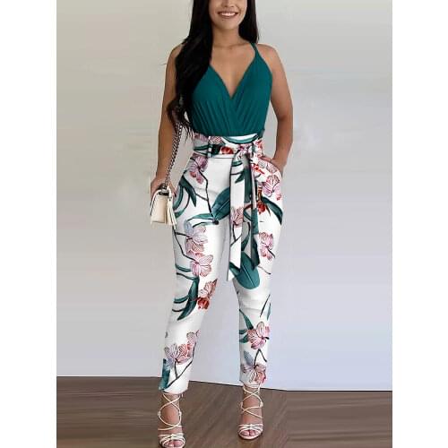 Fashion Two Piece Set Casual Wear Suits Set Two Piece Outfit spaghetti strap Top & FloralPrint High Waist Pants Set