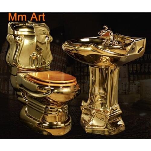 Mosaic Gold Vintage Luxious Pedestal Sink Ceramic Bathroom Sink With Stand Pedestal Wash Basin Close-Coupled Suite With Overflow