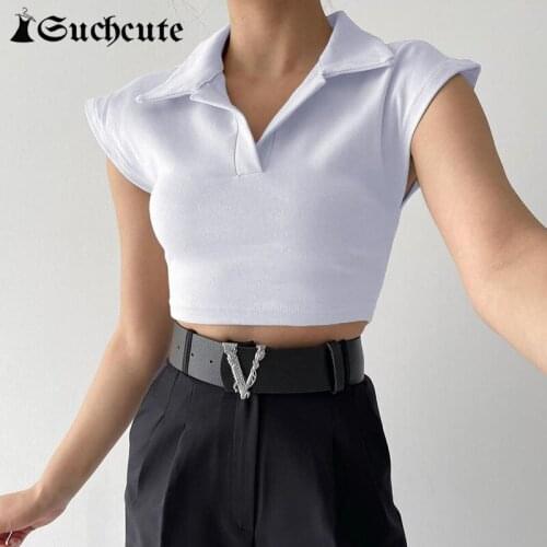 SUCHCUTE Gothic Solid Color Casual Cotton Top For Women Summer Streetwear Turn-down Collar Cropped Shirts Harajuku Basic Tee