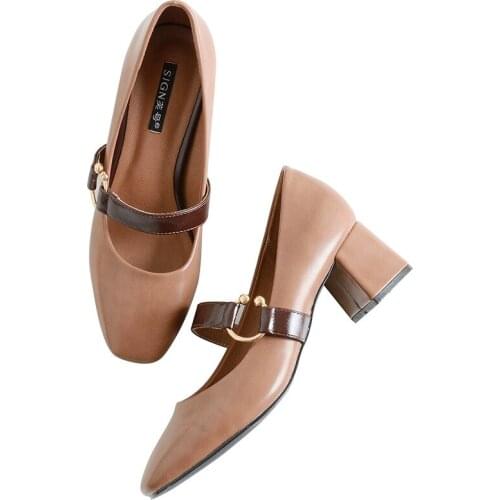 Spring women pumps 5CM Single shoes Female Square head High heels Thick with Mary Jane Womens shoes