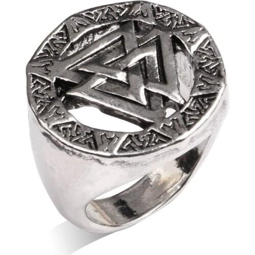 Vintage Vikings Triangle Ring Fashion Punk Metal Round Hollow Finger Ring Retro Silver Color Prop Jewelry Gift For Men Women