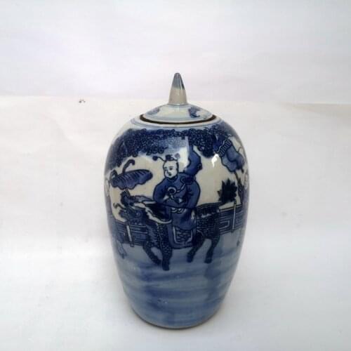 YIZHU CULTUER ART Collection Chinese Old blue-and-white Porcelain Kylin Boy Vase Jar H 8.2 inch Family Decoration Gift