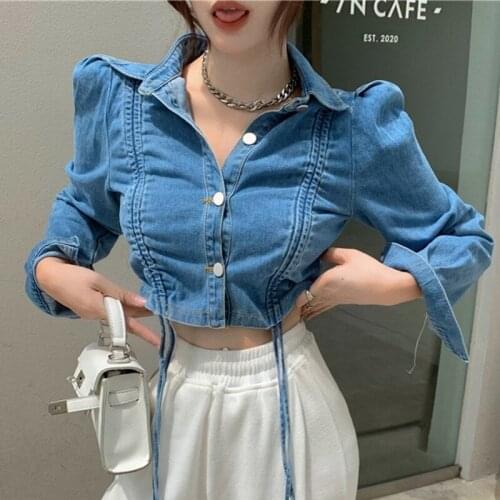 Denim Jacket Womens 2021 Autumn winter Clothing Pleating Lace-up Casual Slimming Long Sleeve Crop Jean Jacket Coats