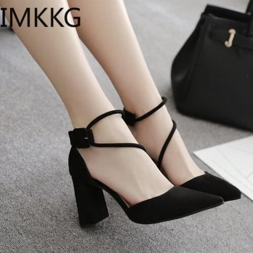 2019 Women Fashion High Heel Shoes Comfortable Flock Buckle Footwear Women Pumps Female Sandals Party Wedding Shoes