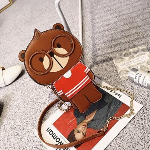 SJ Women Leather Shoulder Bags Female Chain Messenger Bag Italy Braccialini Brand Style Handicraft Art Cartoon Glasses Cute Bear