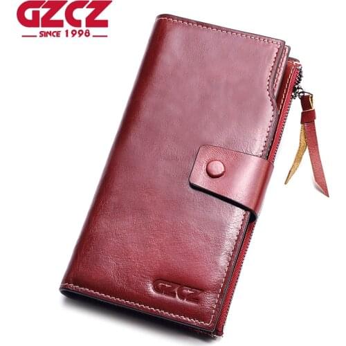 GZCZ Genuine Leather Women Wallet Female zipper Long Walet clamp for money Coin Purse Clutch Card Holder Small Vallet Portomonee