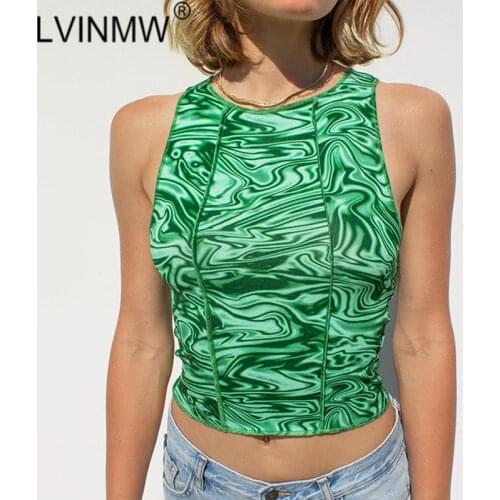 LVINMW Vest Printed Stitching Oversleeves Casual Chic Cropped Tops O Neck Sleeveless Slim Basic Tank Top Women Wave Streetwear