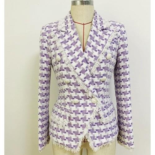 HIGH STREET Newest 2021 Fall Winter Designer Jacket Womens purple Lion Buttons Tassel Fringed Houndstooth Blends Tweed Blazer
