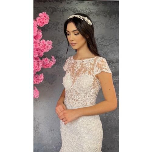 Womens White Complete Lace Fish Wedding Dress Boat Collar Bridal Dress Bride Lacy Luxury Quality Fabric Bridesmaid Dresses