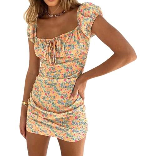Summer Floral Printed Women Bodycon Mini Dress Casual Fashion Short Sleeve Strapless Tie-up Slim Sexy Vestidos Party Holiday