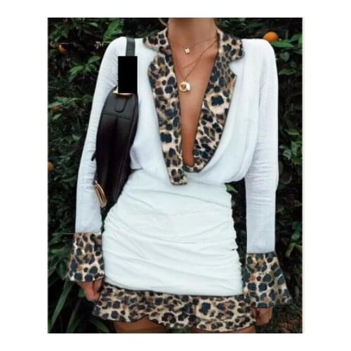 Plus Size Women Deep V Neck Lapel Long Sleeve Dress Sexy Female Ruffle Cuff Short Solid Leopard High Waist Pencil Dress S-XXL