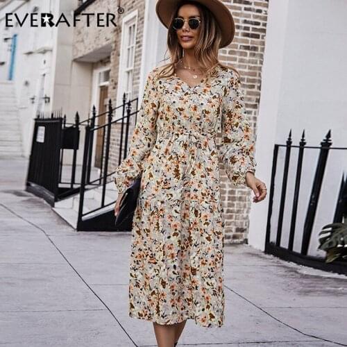 EVERAFTER Autumn Winter Long Sleeve Floral Print Dress For Women 2021 Casual Elastic Waist Lace-up Button V-neck Boho Maxi Dress